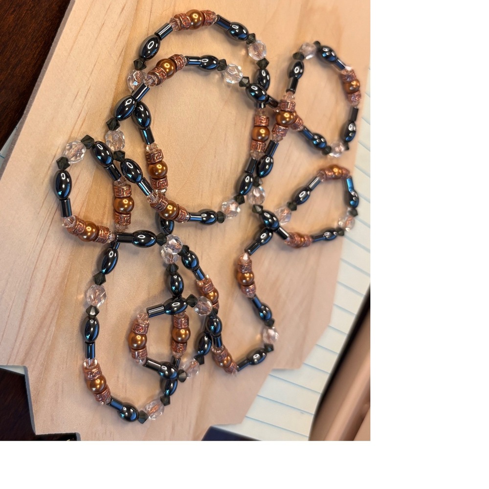 Long Hematite Copper Freshwater Pearls Clear Beaded Opera Length Necklace 40"